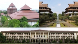 Landmark (searah jarum jam) dari Universitas Indonesia, Institut Teknologi Bandung, dan Universitas Gadjah Mada (kredit: laman masing - masing kampus)