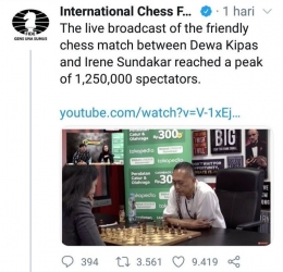  Pertandingan Dadang Subur melawan Irene Sukandar mendapat perhatian dari Federasi Catur Internasional (sumber twitter International Cess Federation)