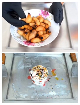 Ulat kelapa yang masih hidup (atas) Es krim gulung dari ulat kelapa (bawah)