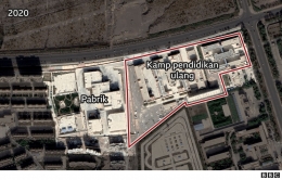 Bangunan pabrik yang berdampingan langsung dengan bangunan kamp re-edukasi di Xinjiang. | BBC.com