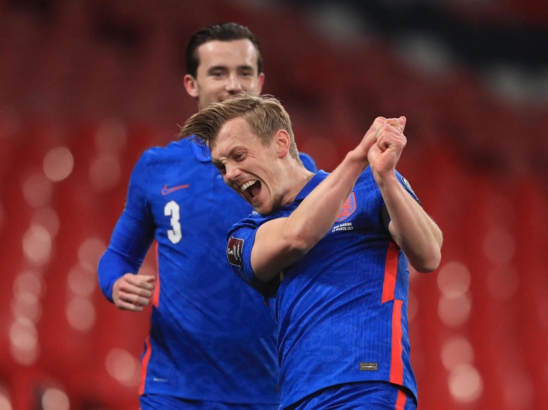Pemain Inggris merayakan gol ke gawang San Marino. (via france24.com)