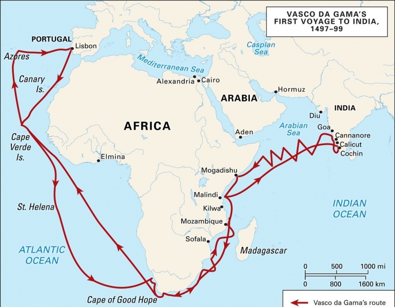 Rute pelayaran Vasco da Gama via Cape of Good Hope. Sumber: www.myaptitute.in