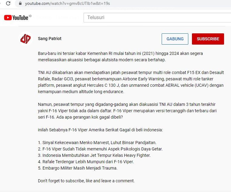 Deskripsi ; Screenshoot keterangan Video I Sumber Foto : Youtube Sang Patriot