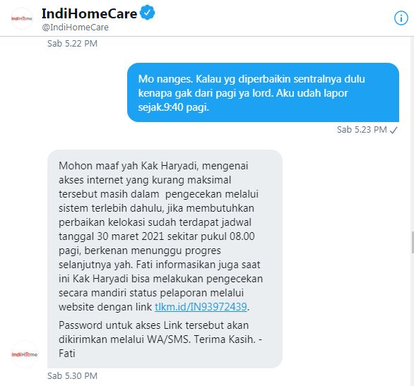 Setelah menunggu sejak pagi dan petugas tak juga datang, yang dicek bagian sentral. Well, kenapa nggak dari awal?/tangkap layar pribadi