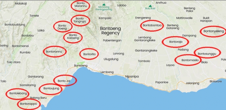 Beberapa nama wilayah di Kabupaten Bantaeng yang menggunakan kata 'bonto' (dokpri) 