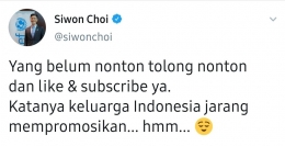 Salah satu tweet dari Choi Siwon yang menggunakan Bahasa Indonesia (sumber: tangkapan layar akun twitter siwonchoi)