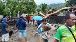 Desa Waowala, Kecamatan Ile Ape, Kab. Lembata, NTT, pascabanjir dari arah Gunung Ile Lewotolok, Minggu (4/4/2021) (TRIBUNNEWS.COM via POS-KUPANG/ISTIMEWA)