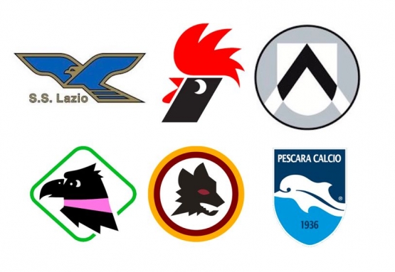 Beberapa logo klub Italia yang dirancang Piero Gratton. Atas: (dari kiri ke kanan) Lazio, Bari, Udinese. Bawah: Palermo, Roma, Pescara. | sumber: showsport.me