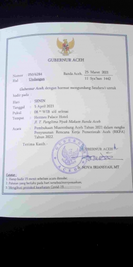 Undangan Acara Musrenbang Aceh Tahun 2021 (Doc Rachmad Yuliadi Nasir/Istimewa)