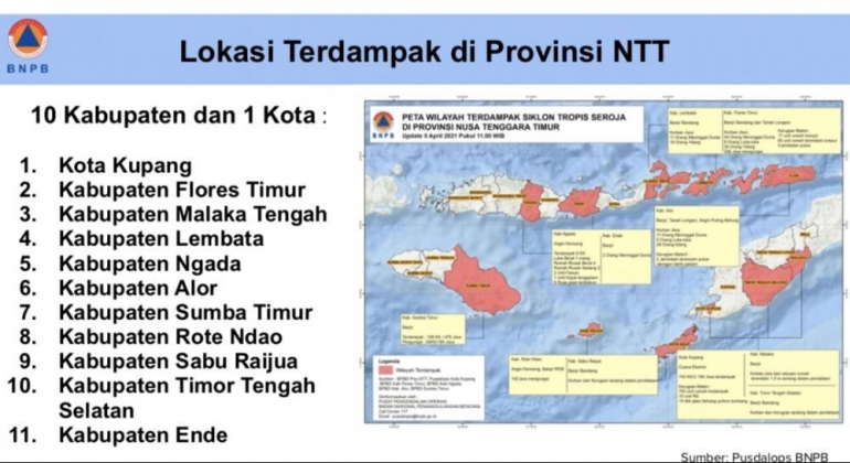 Lokasi terdampaknya bencana banjir bandang di NTT (Tangkapan layar presentasi BNPB)