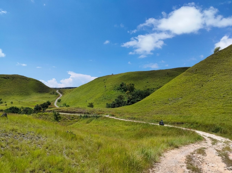 Bukit-bukit yang tampak menghijau memasuki bulan April di Sumba Timur. (foto: Alex Journey)