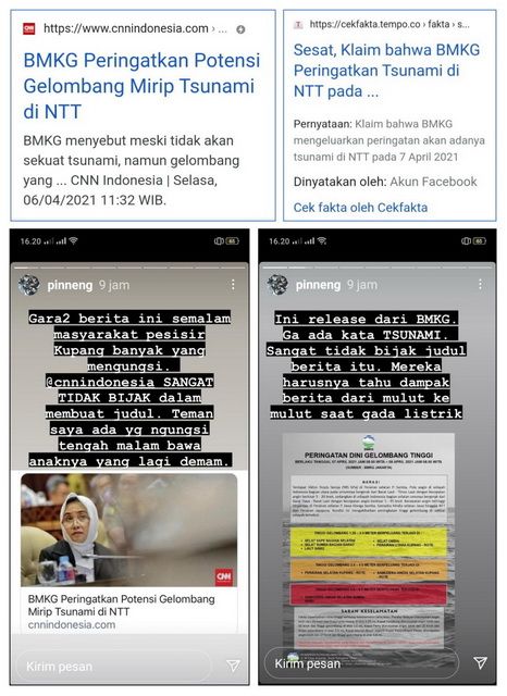 Tangkapan layar berita cnnindonesia.com, tempo.co, dan IG story @pinneng