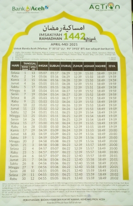 Jadwal Imsakiyah Ramadhan 1442 H dari Bank Aceh Syariah (Doc Rachmad Yuliadi Nasir / Istimewa)