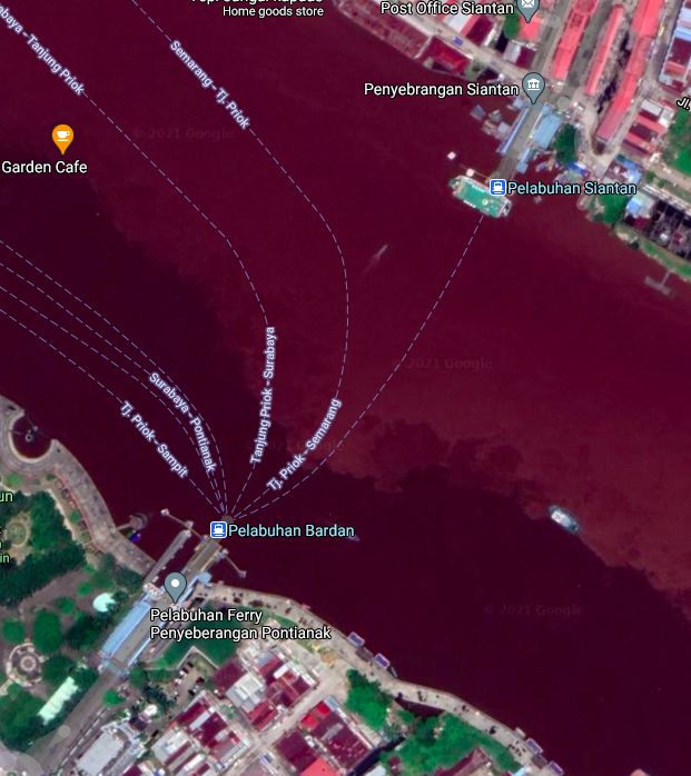 Tangkapan layar dari Google Maps yang menunjukkan rute kapal feri dari/ke Pelabuhan Bardan dari/ke Pelabuhan Siantan | Foto diambil dari Google Maps