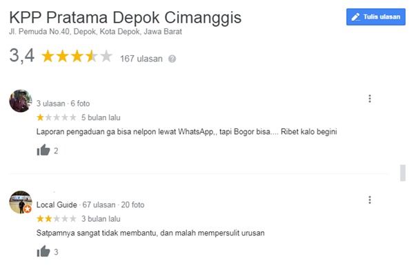 Tangkap layar ulasan Google KPP Pratama Depok Cimanggis