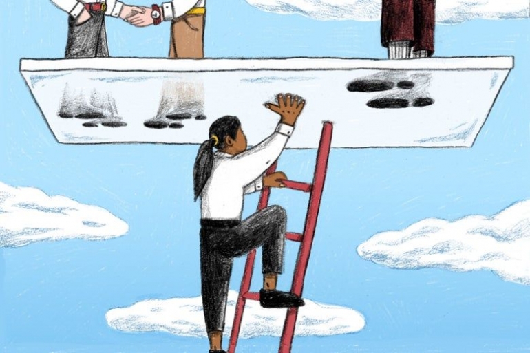 ilustrasi glass ceiling effect bagi karyawan perempuan | sumber gambar: Doris Liou via slate.com