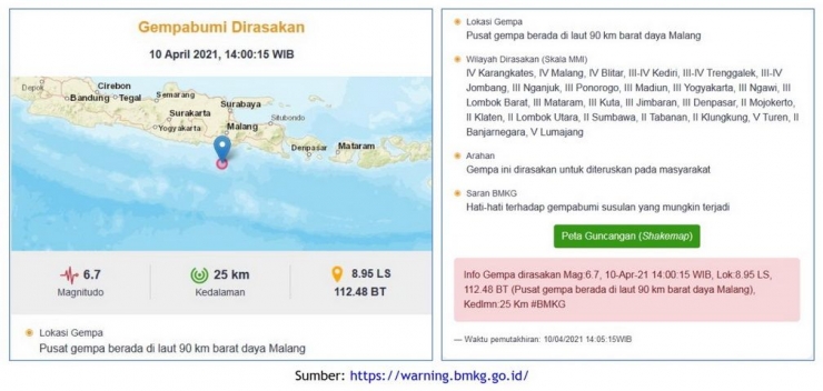 Tangkapan layar info gempa dari BMKG
