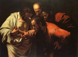 Thomas mencucukkan jari ke lambung Yesus. Foto: id.wikipedia.org.