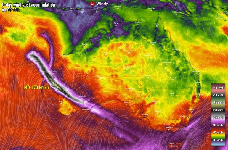 Kecepatan angin ketika Seroja mendarat beserta lintasannya sudah dipetakan. Photo: severe-weather.eu