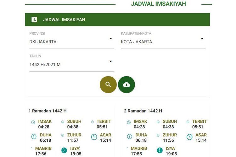 Tangkapan layar web Bimas Islam Kemenag soal Jadwal Imsakiyah 1 Ramadhan 1442 H (kompas.com/Nur Fitriatus Shalihah)