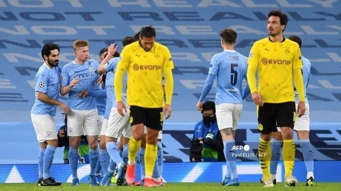Para pemain Manchester City merayakan gol ke gawan Borussia Dortmund di leg pertama Liga Champions (7/4/2021). Sumber foto: Tribunnews.com