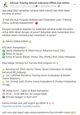 Caption Kelas Online Quran Ramadhan