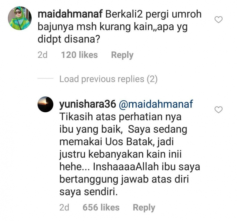 Bidik layar percakapan Yuni Shara dan netizen di Instagram (Sumber: Instagram/@yunishara36)