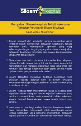 Klarifikasi pihak rumah sakit terkait pemukulan kepada perawat di RS Siloam Sriwijaya (Instagram @siloamhospitals)