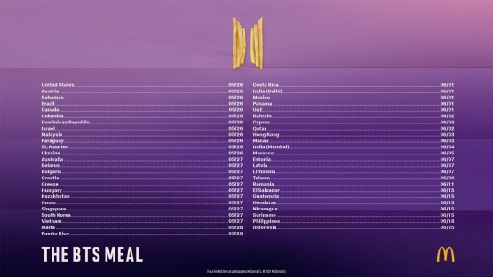 Jadwal peluncuran The BTS Meal dengan Indonesia pada 25 Juni 2021 (rilis resmi McDonald's)