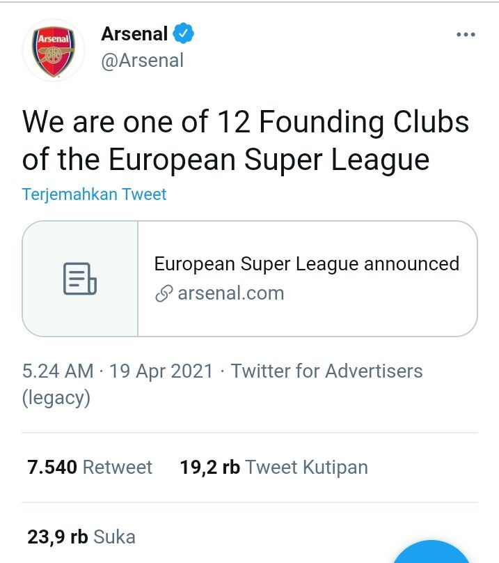 Tweet akun resmi Arsenal terkait kompetisi European Super League. (tangkap layar) 