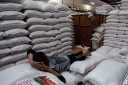 Ilustrasi: Pekerja beristirahat di atas tumpukan karung beras di Pasar Induk Beras Cipinang, Jakarta Timur, Jumat (19/1/2018). Pemerintah bakal mengimpor beras sebanyak 1 juta ton tahun 2021. (Foto: ANTARA FOTO/SIGID KURNIAWAN via kompas.com)