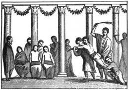 Ilustrasi Latihan Pencambukan Sparta Di Kuil altar Orthia ( Sumber :https://www.google.com/imgres?imgurl=http://www.gutenberg.org/files/60113/60113-h)