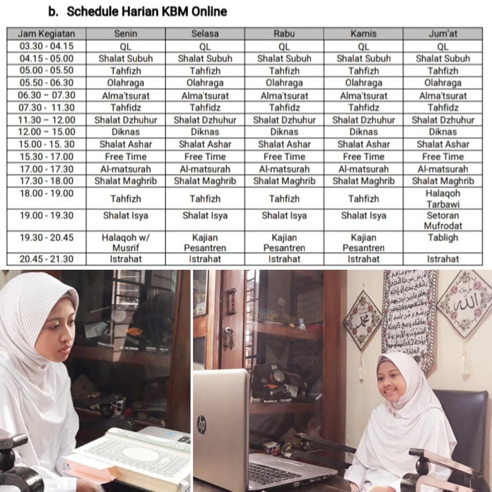 Jadwal pesantren dari rumah dan kegiatan belajar Teteh secara daring. /Dokpri