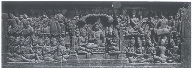 Relief Karmawibhangga, menggambarkan penggunaan alat musik (sumber: soundofborobudur.org)
