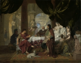 Pesta Cleopatra. Di sebelah kanan Cleopatra sedang duduk di meja dengan payudara telanjang, di sebelah kiri adalah Mark Antony. 