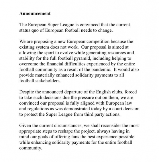 Pernyataan resmi terakit penangguhan ESL. | sumber: Twitter @FabrizioRomano