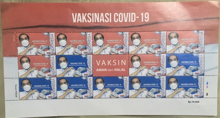 Satu lembaran utuh (full sheet) prangko Vaksinasi Covid-19. (Foto: BDHS)