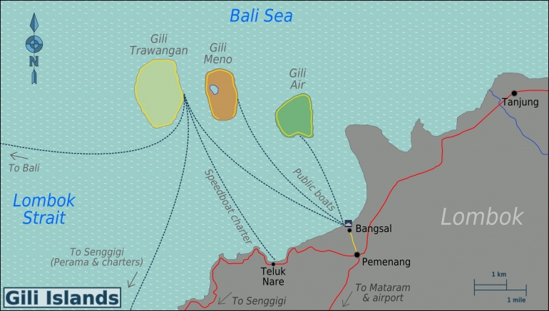 Peta Tiga Gili dan rute kapal. Sumber: Burmesedays / wikimedia