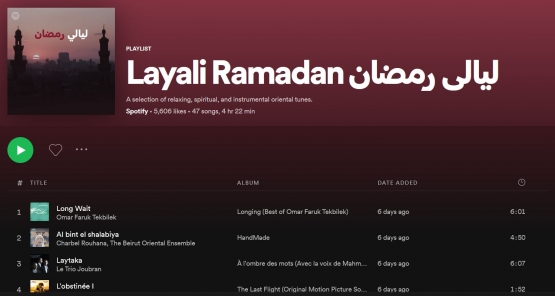 Tangkapan layar pribadi dari 'Layali Ramadan', satu dari sekian playlist Ramadhan Spotify