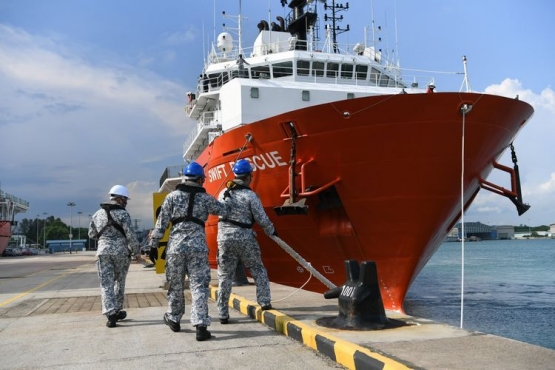 Kapal penyelamat kapal selam milik Singapura MV Swift Rescue. Menteri Pertahanan Singapura Ng Eng Hen menulis di Facebook bahwa kapal MV Swift Rescue dikerahkan pada Rabu (21/4/2021) untuk membantu pencarian kapal selam KRI Nanggala-402.(TWITTER @Ng_Eng_Hen)