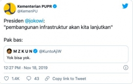 Tangkapan layar Posting-an akun Twiter @KemenPU, 2019