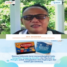 deskripsi : Arif Mujahidin Corporate Communication Director Danone Indonesia) menyampaikan pentingnya berkerjasama untuk meningkatkan literasi Indonesia I Sumber Foto : dokpri