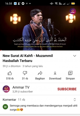 Bisa mendengarkan murotal setiap saat di youtube (ss youtube/Ammar TV)