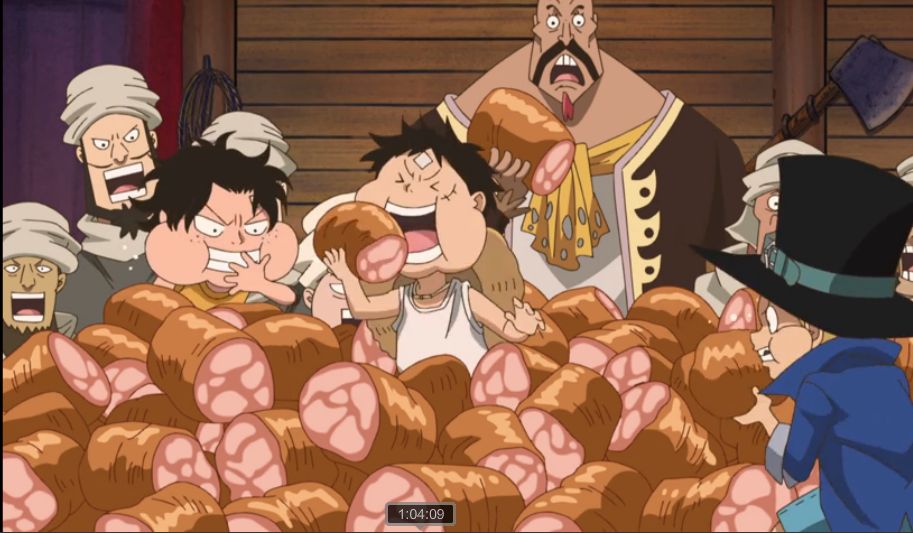 Luffy, Ace dan Sabo mengawali berbuka puasa dengan langsung melahap daging | Ilustrasi gamber: twitter.com/crunchyroll/