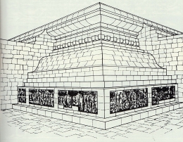 Ilustrasi kaki candi yang berisi relief Karmawibhangga yang dibuka di sudut tenggara (Sumber: Buku Rahasia di Kaki Borobudur)