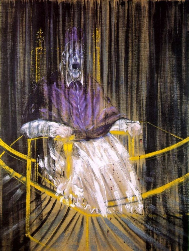 “Study after Velázquez’s Portrait of Pope Innocent X” (1953) — Sir Francis Bacon’s iconic creative re-interpretation of Diego Velázquez’s portrait of the Pope in 1650. From Des Moines Art Center.