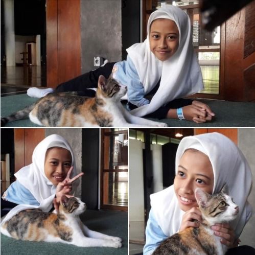 Di selasar masjid Salman, Teteh bermain dengan kucing lucu dan jinak.
