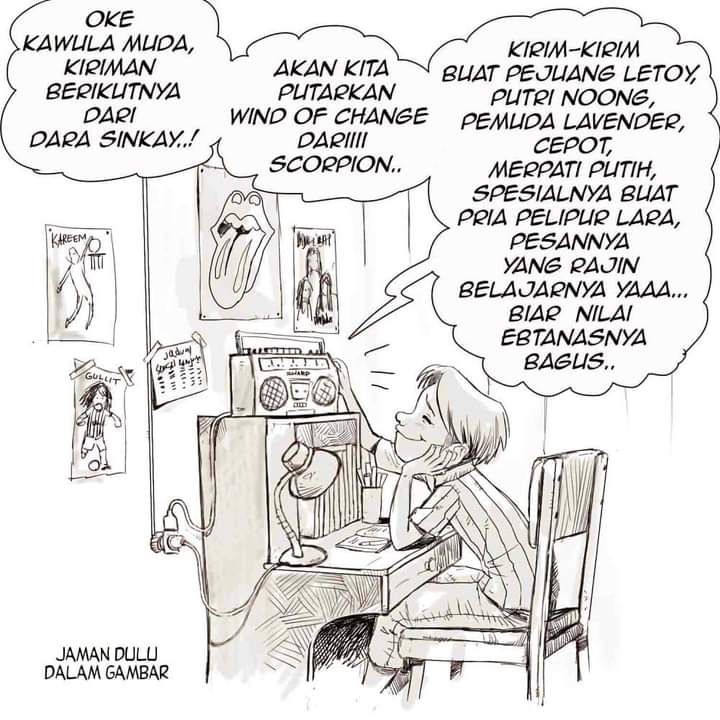 Ilustrasi mendengarkan acara request lagu di radio. (Sumber foto : Fanpage Jaman Dulu Dalam Gambar)