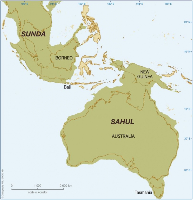 Sndaland dan Sahul mega continent 60 ribu tahun yang lalu. Sumber: tokpisin.info