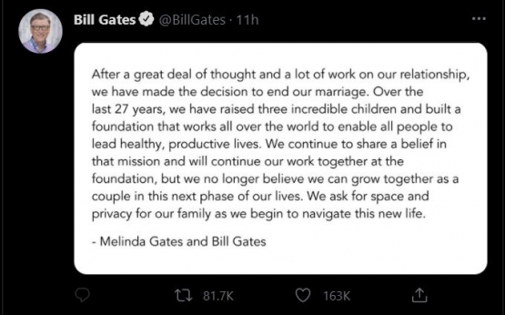 Tweet Bill Gates mengenai status Gates Foundation setelah pengumuman perceraiannya (twitter.com/BillGates)